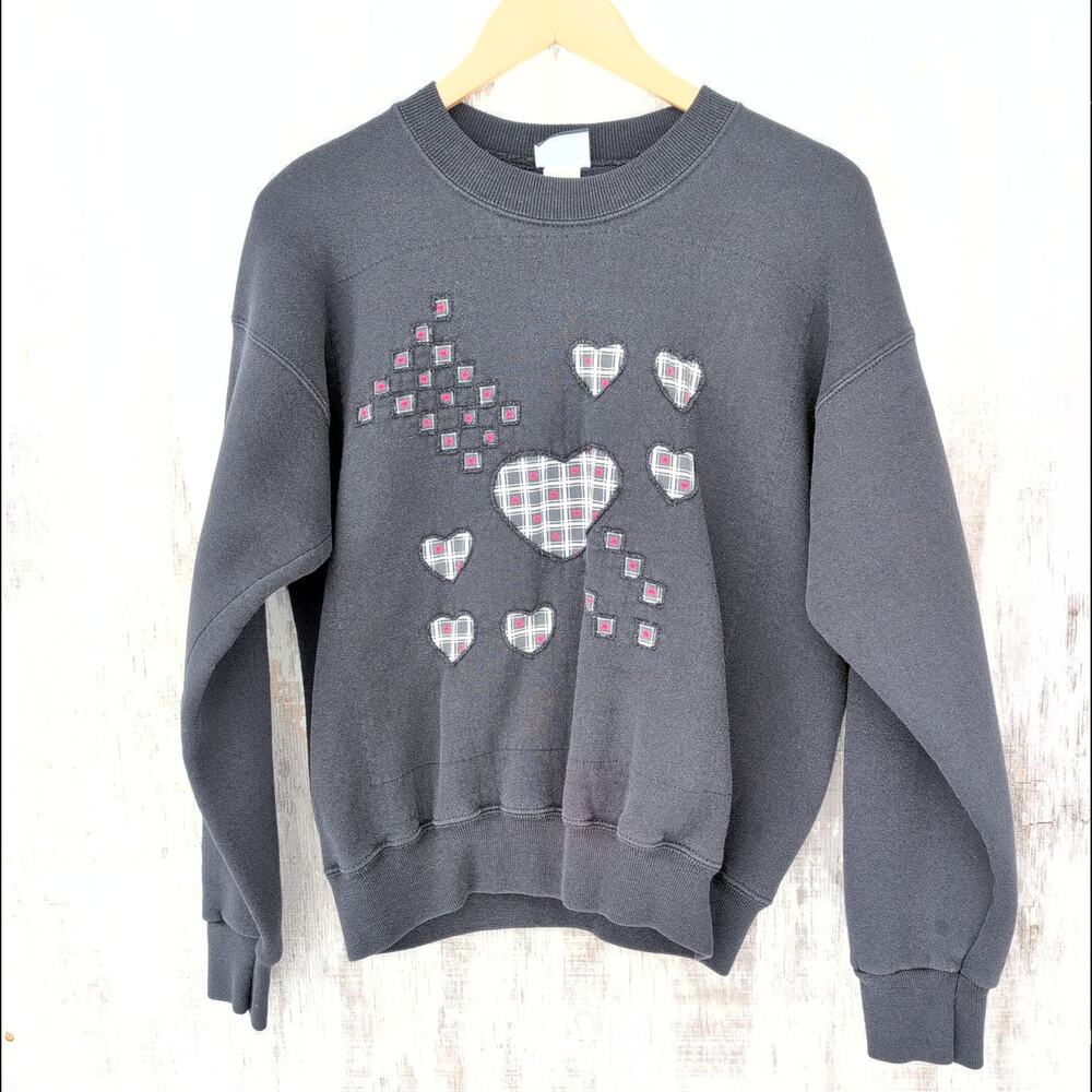 Vintage 90's Lee Crewneck Gingham PatchworkHearts Sweatshirt Women's M MadeInUSA